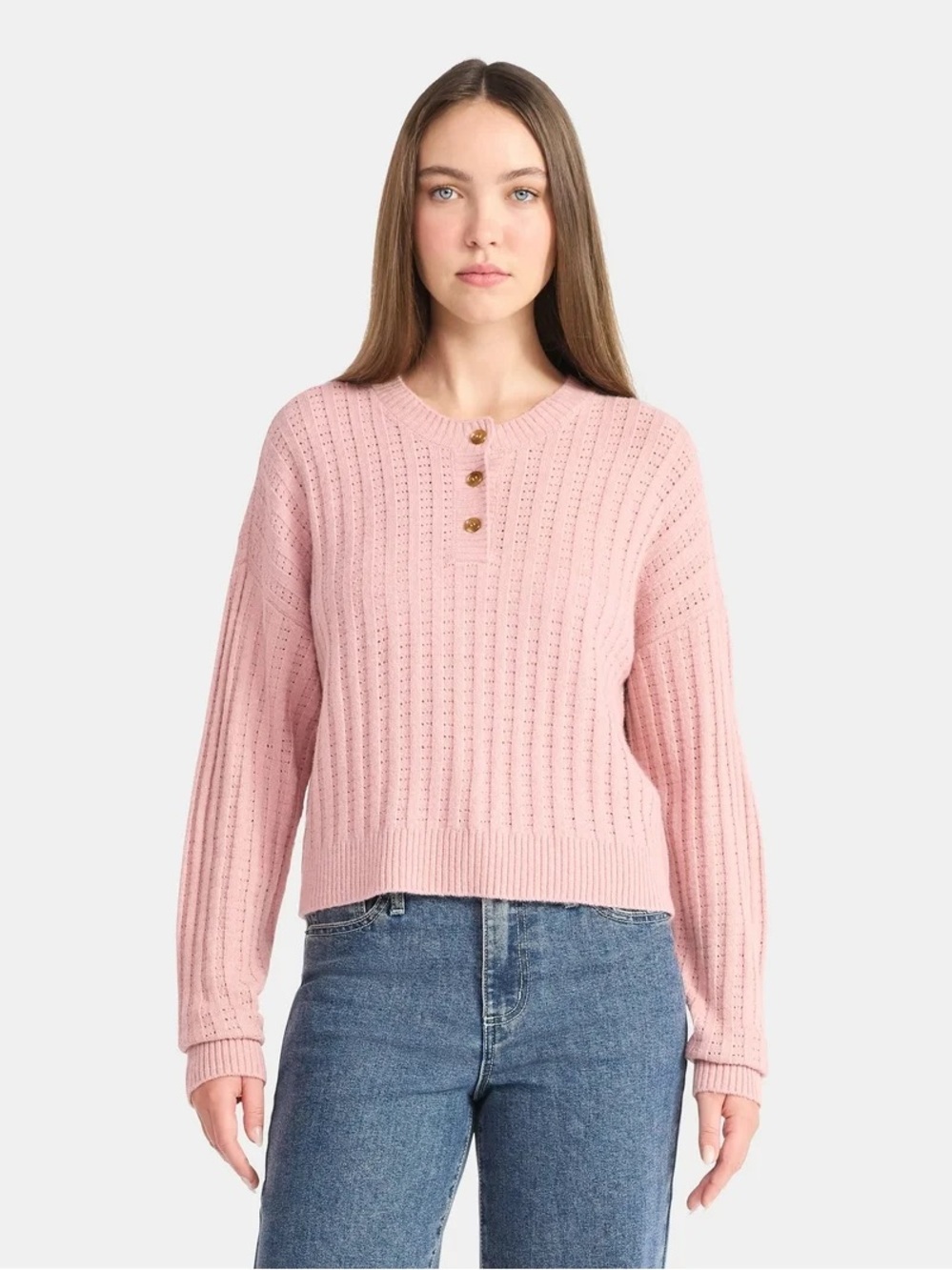 *NWT* No Boundaries Women’s Pointelle Henley Pullover in Dusty Rose, Size XL